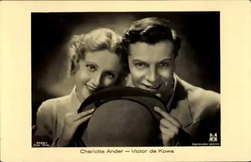 Ak Schauspielerin Charlotte Ander, Schauspieler Victor de Kowa, Portrait, Hut