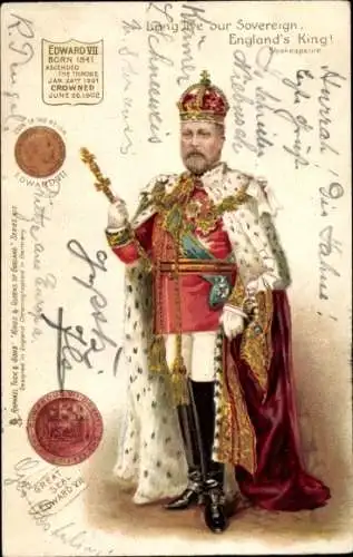 Litho König Edward VII. von England, Standportrait, Königliche Insignien, Krone, Münze