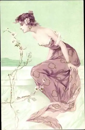 Litho Frau riecht Blumen, Blumenkleid, Porträt