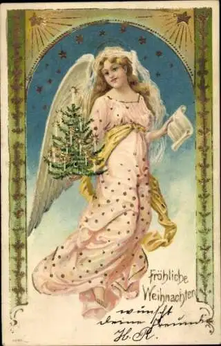 Präge Litho Glückwunsch Weihnachten, Engel, Tannenbaum