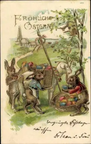 Präge Litho Glückwunsch Ostern, Osterhasen, Ostereier, Lamm, Birke