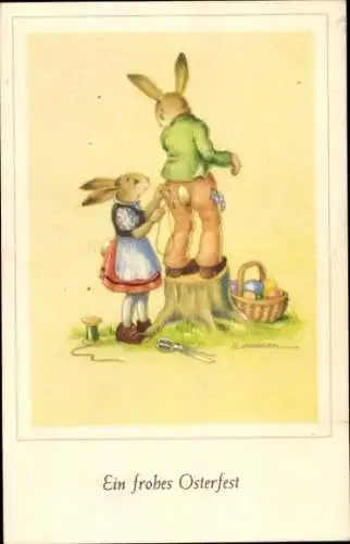 Ak Glückwunsch Ostern, Osterhase beim Nähen, Ostereier, Schere