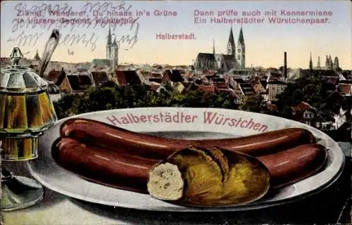 Ak Halberstadt am Harz, Halberstädter Würstchen, Brötchen, Panoramablick auf die Stadt