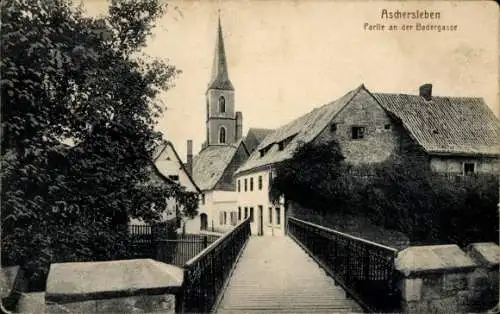 Ak Aschersleben im Salzlandkreis, Badergasse, Kirche