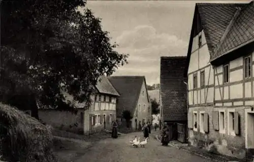 Ak Sitten Leisnig in Sachsen, Blick auf die Dorfstraße, Fachwerkhaus, Gänse