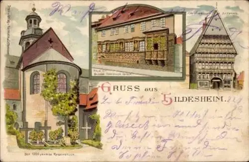 Litho Hildesheim in Niedersachsen, 1000jähriger Rosenstock, Knochenhauer Amtshaus, Häuserfassade