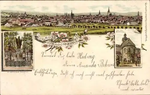 Litho Hildesheim in Niedersachsen, Gesamtansicht, St. Bernward Denkmal, Tausendjähriger Rosenstock