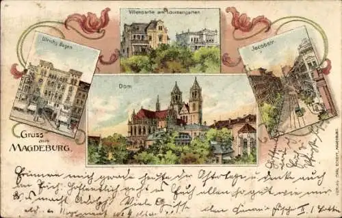 Litho Magdeburg an der Elbe, Ulrichs-Bogen, Villenpartie am Louisengarten, Dom, Jacobstraße