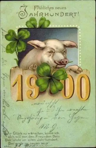 Litho Fröhliches Neujahr 1900, Schwein, Kleeblätter, Gedicht