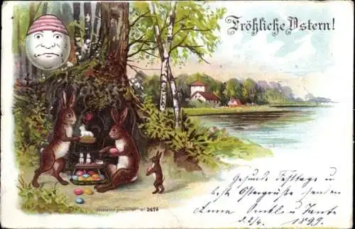 Litho Frohe Ostern, Hasen bemalen Ostereier