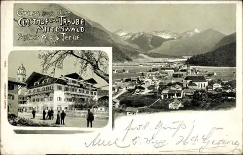 Ak Mittenwald in Oberbayern, Gesamtansicht, Gasthof zur Traube