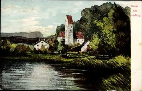 Ak Wessling Weßling Oberbayern, Kirche, Fluss