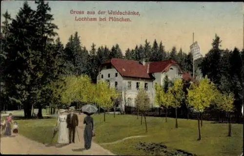 Ak Lochham Gräfelfing in Oberbayern, Gasthaus Waldschänke, Spaziergänger