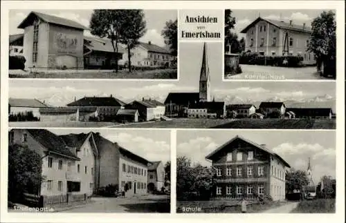 Ak Emertsham Tacherting Oberbayern, Gemeindekanzlei, Schule, Straßenpartie, Totalansicht