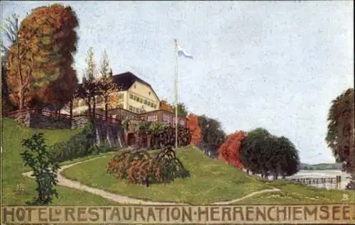 Künstler Ak Herrenchiemsee Chiemsee in Oberbayern, Hotel und Restaurant Herrenchiemsee