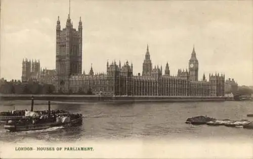 Ak City of Westminster, London, England, die Häuser des Parlaments, Raddampfer