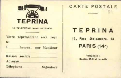 Ak Reklame, Teprina, Le Telephone Prive National, 13, Rue Delambre, Paris