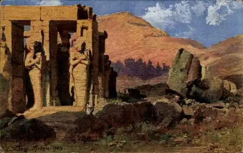 Künstler Ak Wuttke, Theben Ägypten, Ramesseum, Berglandschaft, Tempel