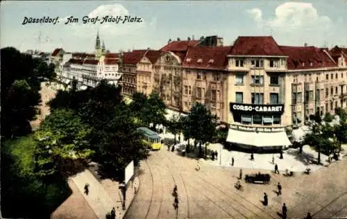 Ak Düsseldorf am Rhein, Graf-Adolf-Platz, Corso-Cabaret, Straßenbahn