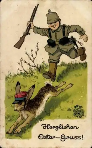 Künstler Ak Engelhard, P.O.E., Glückwunsch Ostern, Osterhase, Soldat