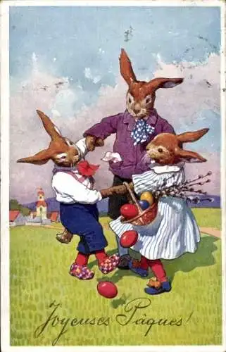 Ak Glückwunsch Ostern, Tanzende Osterhasen, Ostereier, Weidenkätzchen