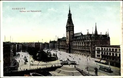 Ak Hamburg Mitte Altstadt, Rathaus, Markt, Straßenbahnen