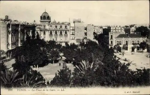 Ak Tunis Tunesien, La Place de la Gare, Bahnhofsplatz