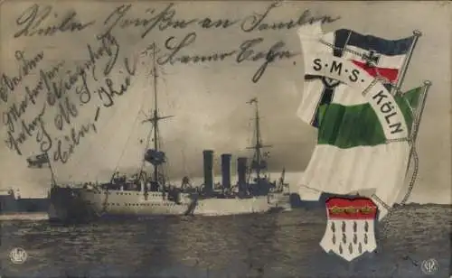 Ak Deutsches Kriegsschiff, SMS Köln, Kleiner Kreuzer, Kaiserliche Marine, Fahnen, Wappen