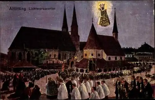 Ak Altötting in Oberbayern, Lichterprozession, Nacht