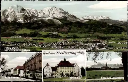 Ak Freilassing in Oberbayern, Panorama, Staufen, Zwiesel, Hauptstraße, Schulhaus, Untersberg