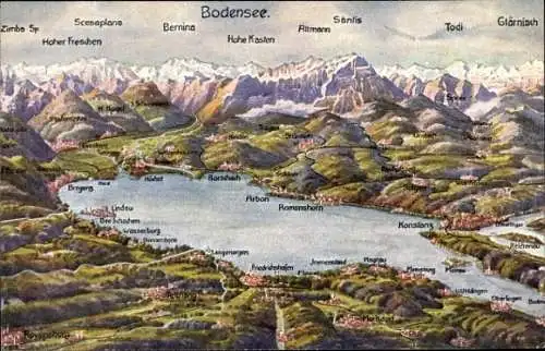 Landkarten Künstler Ak Marschall, V., Konstanz am Bodensee, Bregenz, Arbon, Friedrichshafen, Lindau