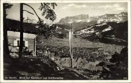 Ak St. Martin Garmisch Partenkirchen in Oberbayern, Panorama mit Dreitorspitze