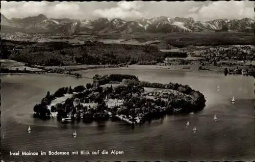 Ak Insel Mainau im Bodensee, Gesamtansicht, Fliegeraufnahme, Alpen