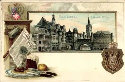 Präge Wappen Passepartout Litho Frankfurt am Main, neues Rathaus, Zeitung, Würstchen Bierkrug