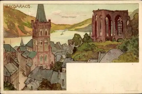 Künstler Litho Franz Hein, Bacharach am Rhein, Blick über die Stadt, Ruine