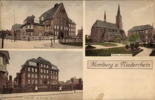 Ak Homberg am Rhein Duisburg, Oberrealschule, Feldstraße, Evangelische Schule, Kath. Pfarrkirche