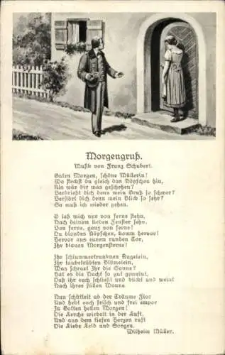 Künstler Ak Morgengruß, Musik Franz Schubert, Gedicht Wilhelm Müller