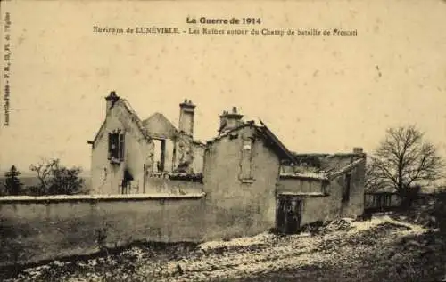 Ak Luneville Meurthe et Moselle, La Guerre de 1914, Ruines autour du Champ de bataille de Frescati