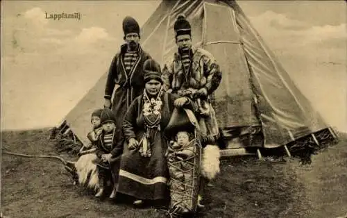 Ak Lappland, Familie in Volkstracht, Zelt