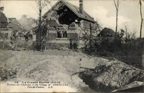 Ak Ermelles Pas-de-Calais, Ruinen der Burg, Erster Weltkrieg