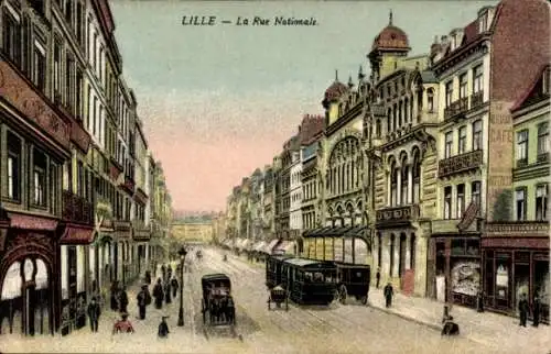 Ak Lille Nord, Rue Nationale, Straßenbahn