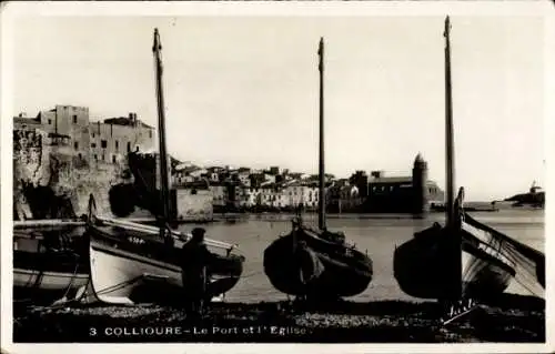 Ak Collioure Pyrénées-Orientales, Hafen, Kirche