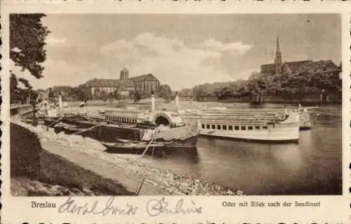 Ak Wrocław Breslau Schlesien, Oder, Sandinsel, Boote