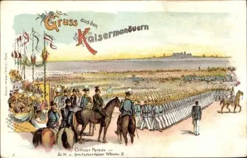 Litho Kaisermanöver 1897, Große Parade, Kaiser Wilhelm II. zu Pferd