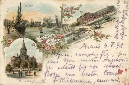 Litho Malmö Schweden, Caroli-Kirche, Hafen, Bahnhof