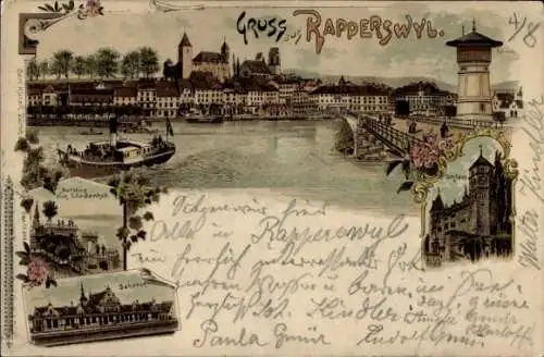 Litho Rapperswil Kanton Sankt Gallen, Teilansicht, Schloss, Bahnhof, Aufstieg zum Lindenhof