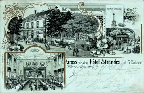 Mondschein Litho Wetter an der Ruhr, Hotel Strandes, Inh. Fr. Doebbke, Saal, Harkort-Denkmal