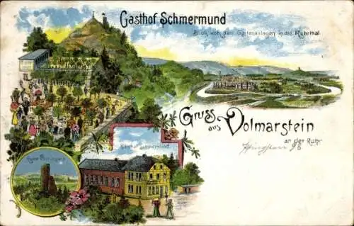 Litho Volmarstein Wetter an der Ruhr, Gasthof Schermund, Ruine Volmarstein, Ruhrtal