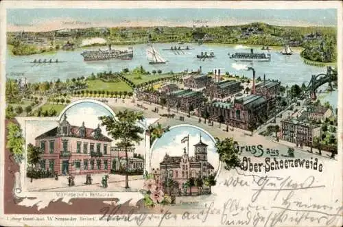 Litho Berlin Köpenick Oberschöneweide, Panorama, Fabrikgelände, Restaurant W. Friesecke, Feuerwehr