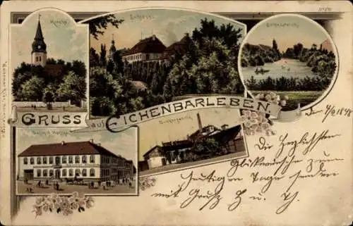 Litho Eichenbarleben in der Börde, Kirche, Schloss, Schlossteich, Gasthof Wesche, Zuckerfabrik